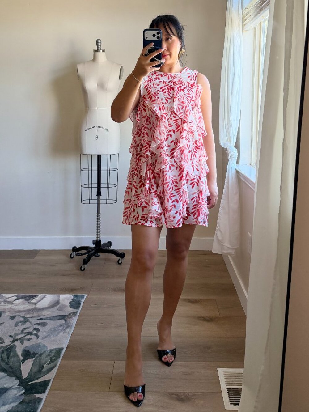 Stellah Red Ruffle Sheer Dress | Floral Leaf Print | Tie Back | Size S